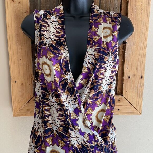 Ellen Tracy V-neck Sleeveless Printed Blouse Purple Gold Cream Size Small - Picture 7 of 16
